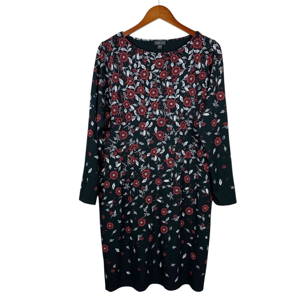 J Jill Wearever Collection Dress Black Red Floral Long Sleeve Stretchy Women's L